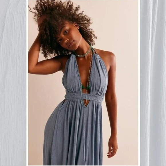 Rare Free People Look Into The Sun Maxi Dress Rainy Day Blue Size XS - Picture 3 of 10